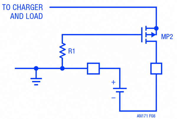PMOS circuit showing the cascode effect during reverse battery protection.